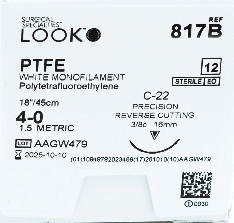 Look 817B PTFE White Monofilament Reverse Cutting Sutures 4/0 18 Look 817B PTFE White Monofilament Reverse Cutting Sutures 4/0 18